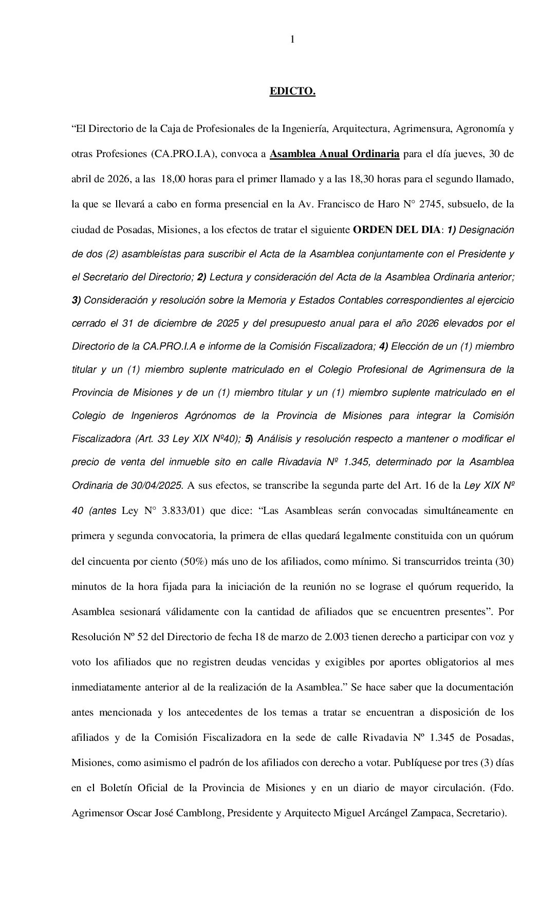 ASAMBLEA ANUAL ORDINARIA DE CAPROIA – 30 de ABRIL 18:00 HS
